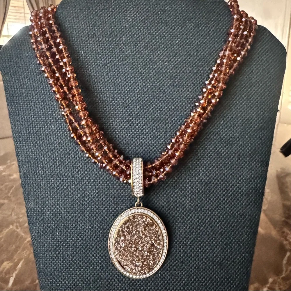 Joan Rivers Multi Strand Mocha Crystal Bead Druzy Rhinestone Pendant Necklace 18